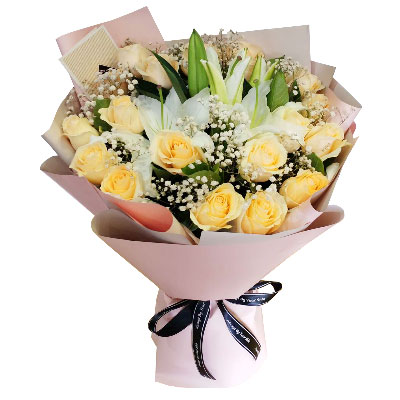嘉兴17朵香槟玫瑰百合，爱不惧风雨