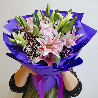 嘉兴6支粉色多头百合，真诚的问候